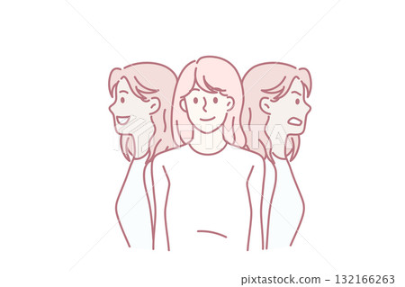 Young woman faces feeling different emotions and moods 132166263