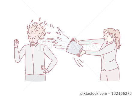 Woman pour water to colleague with burning head Woman pour water to colleague with burning head 132166273
