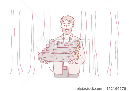 Smiling lumberman with wood timber pile Smiling lumberman with wood timber pile 132166276