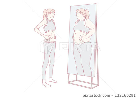 Unhappy skinny girl look in mirror see fat reflection Unhappy skinny girl look in mirror see fat reflection 132166291