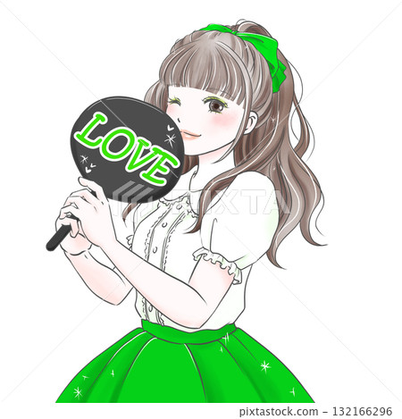 A woman in green enjoying her favorite activity with a fan 132166296