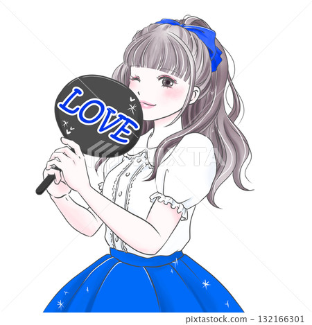 A woman in blue holding a fan and enjoying her favorite activities 132166301