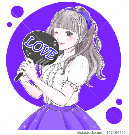 Purple woman holding a fan and enjoying her favorite activities 132166311