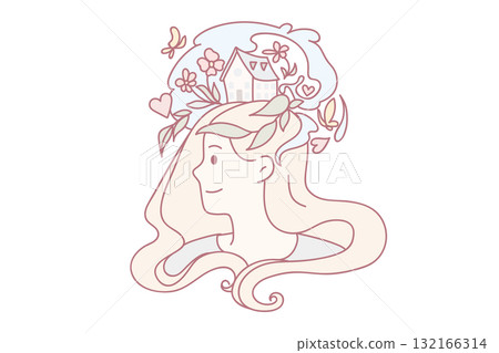 Smiling woman visualize dreams in head Smiling woman visualize dreams in head 132166314