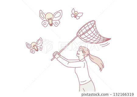 Woman with net catch butterfly light bulbs Woman with net catch butterfly light bulbs 132166319