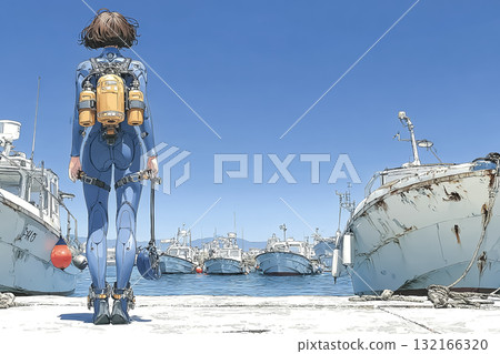 一名女潛水員望著大海,準備潛水。後視圖 一名女潛水員望著大海,準備潛水。後視圖 132166320