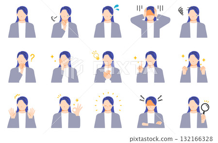 A woman with long hair and casual office clothes. Facial expression illustration set. A woman with long hair and casual office clothes. Facial expression illustration set. 132166328