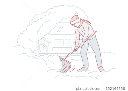 Man shovel dig out car on snowy winter day Man shovel dig out car on snowy winter day 132166338
