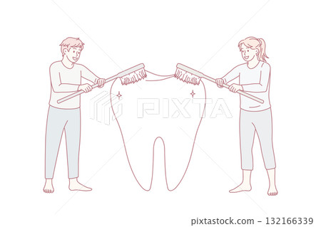 People brush huge tooth with toothbrushes People brush huge tooth with toothbrushes 132166339