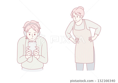 Angry mom scold teen son overuse cellphone device 132166340