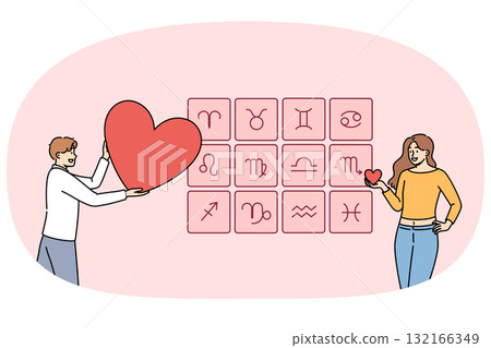 Love horoscope is used by woman to select sexual partner, standing near signs of zodiac with heart 132166349