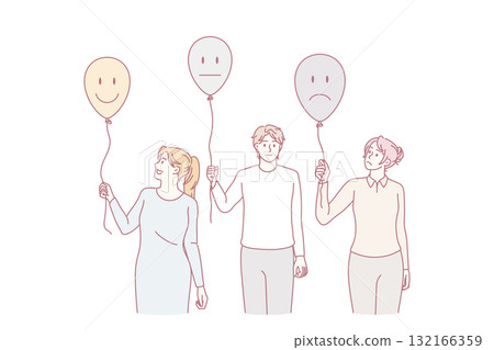 Diverse people hold balloons with emotions Diverse people hold balloons with emotions 132166359