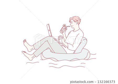 Relaxed man in swimming pool working on computer 132166373