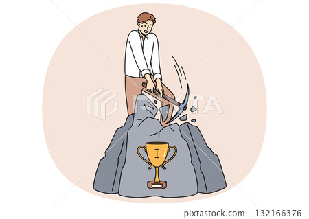 Challenge for business man who wants to get trophy hidden in rock and achieve success in life Challenge for business man who wants to get trophy hidden in rock and achieve success in life 132166376