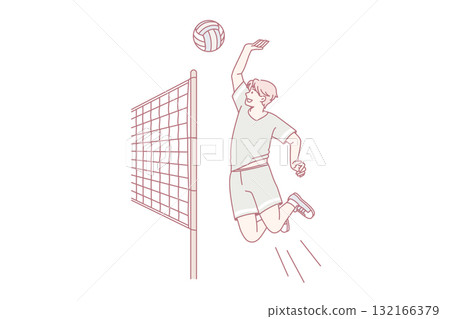 Sporty man play volleyball throw ball over net 132166379