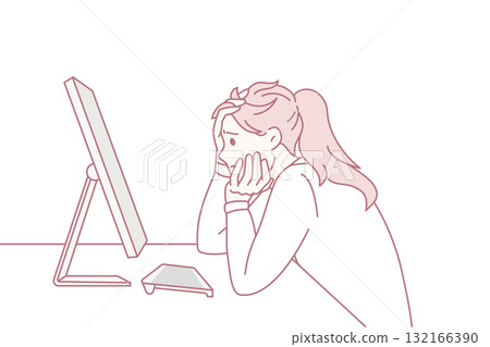 Anxious woman work on computer have gadget problems 132166390