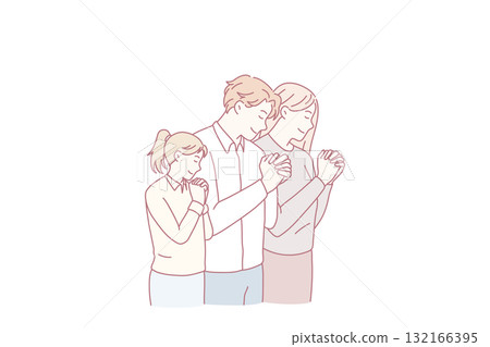 Family with child pray in church together 132166395