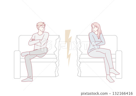 Unhappy couple sit separately after family fight Unhappy couple sit separately after family fight 132166416