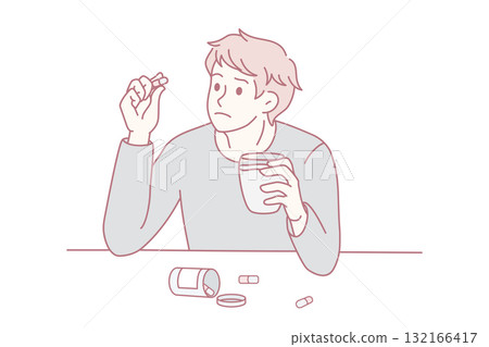 Confused man think of taking pills 132166417