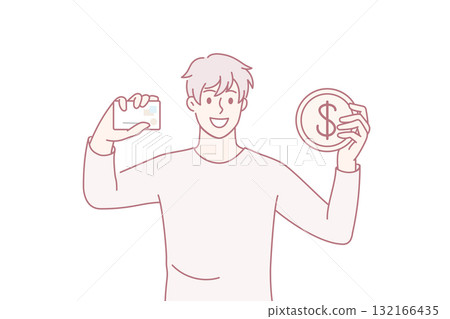 Smiling man hold credit card and bitcoin Smiling man hold credit card and bitcoin 132166435