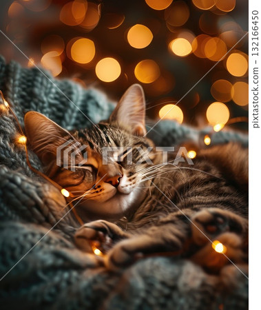 Tabby cat sleeping peacefully on a cozy blanket surrounded by warm glowing lights Tabby cat sleeping peacefully on a cozy blanket surrounded by warm glowing lights 132166450