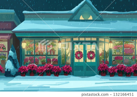 Cozy flower shop illustration with holiday decorations and snow-covered surroundings 132166451