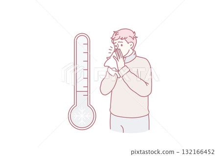 Unhealthy man blow nose suffer from fever 132166452