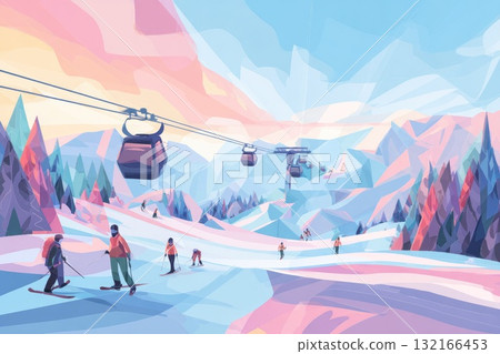 Colorful winter landscape with ski lift and skiers enjoying the snowy mountain scenery 132166453