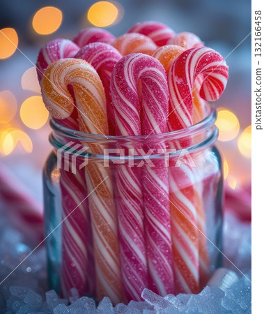 Colorful candy canes in a glass jar with festive bokeh lights creating a cheerful atmosphere 132166458