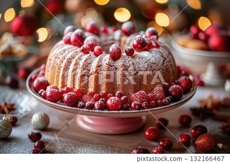 Festive bundt cake adorned with fresh cranberries and powdered sugar on a decorative plate 132166467