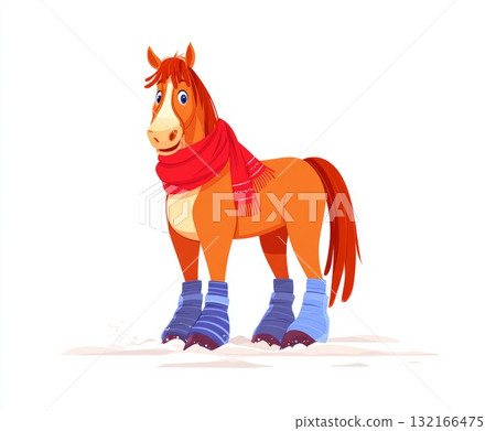 Cartoon horse wearing a red scarf and blue boots standing in a snowy landscape illustration Cartoon horse wearing a red scarf and blue boots standing in a snowy landscape illustration 132166475
