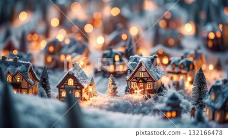 Miniature winter village scene with illuminated houses and snow-covered landscape at night Miniature winter village scene with illuminated houses and snow-covered landscape at night 132166478