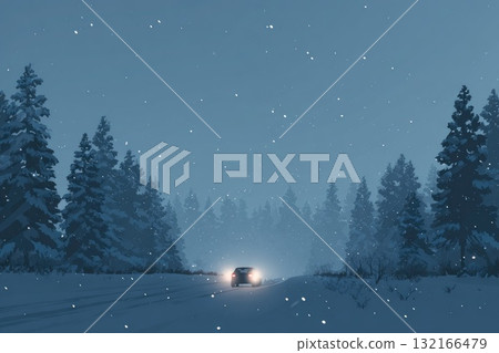 Car with headlights on driving through snowy forest landscape during winter night scene Car with headlights on driving through snowy forest landscape during winter night scene 132166479