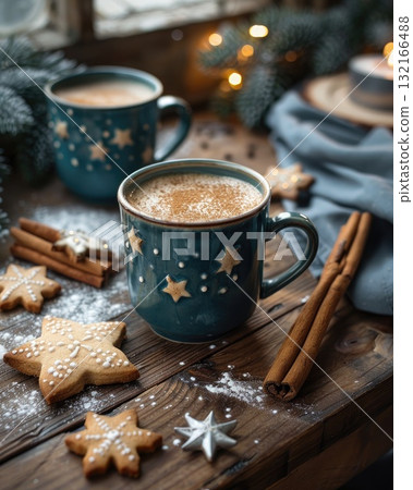 Cozy holiday scene with star-patterned mugs, cinnamon sticks, and festive cookies on wooden table 132166488