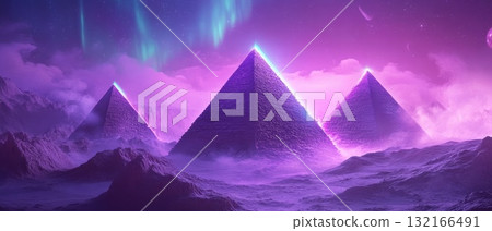 Futuristic pyramids illuminated by vibrant colors under a starry sky in a surreal landscape Futuristic pyramids illuminated by vibrant colors under a starry sky in a surreal landscape 132166491
