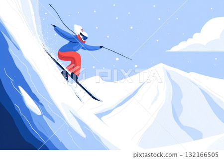 Dynamic skier in vibrant outfit carving through fresh powder on snowy mountain slope 132166505