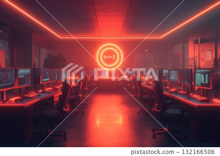 Futuristic gaming room with multiple computers and neon lighting creating an immersive atmosphere 132166506