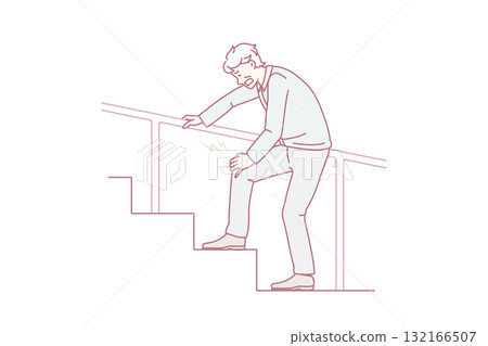Unhealthy man walk stairs suffer from knee pain 132166507