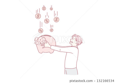 Happy businessman collect coins in piggybank from investments Happy businessman collect coins in piggybank from investments 132166534