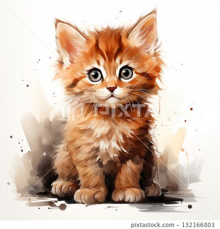 Watercolor kitten illustration on white background 132166803