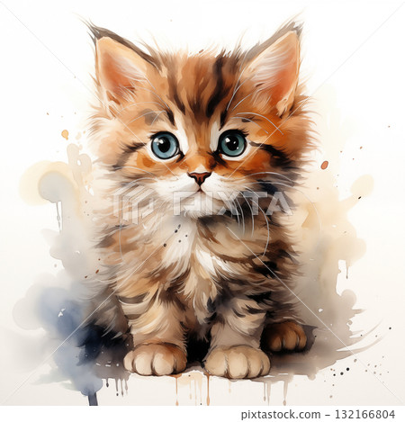 Watercolor illustration of a fluffy kitten on white background 132166804