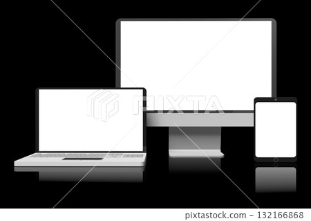 Computer monitor, laptop and tablet with empty screens on black background - 3D illustration Computer monitor, laptop and tablet with empty screens on black background - 3D illustration 132166868