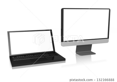 Laptop and computer monitor on white background - 3D illustration 132166888