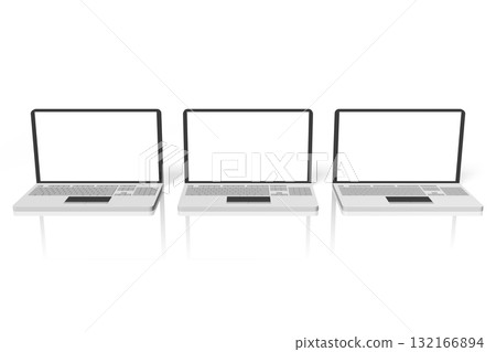 Three laptops with empty screens on white background - 3D illustration Three laptops with empty screens on white background - 3D illustration 132166894