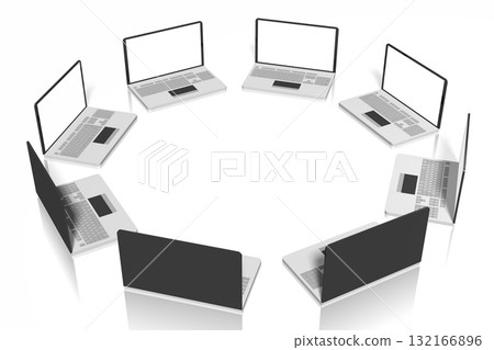 Many laptops standing in circle on white background - 3D illustration Many laptops standing in circle on white background - 3D illustration 132166896