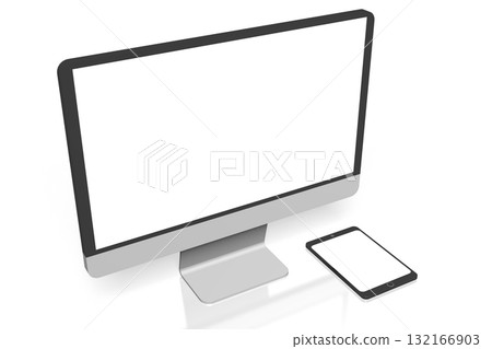 Computer monitor and cell phone with empty screens on white background - 3D illustration Computer monitor and cell phone with empty screens on white background - 3D illustration 132166903