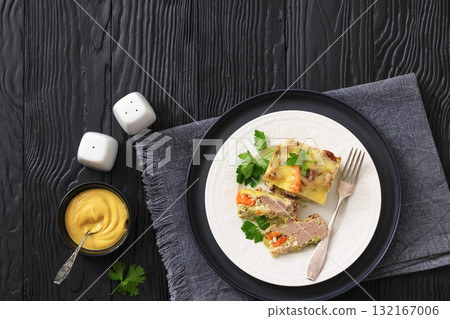 Cheesy ground meat vegetables casserole on a plate 132167006