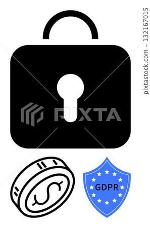 Black lock with keyhole, coin with dollar sign, and blue GDPR shield. Ideal for data security, privacy, financial protection, compliance, regulations secure transactions cybersecurity. Line 132167015