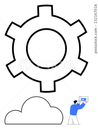 Large gear wheel representing automation, cloud shape symbolizing cloud computing, and person with media display. Ideal for tech presentations, software integration, IT solutions, business processes 132167016