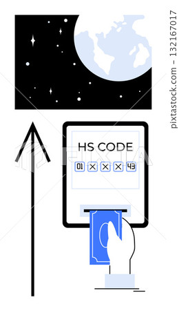 Hand inserting card into machine labeled HS CODE, upward arrow, earth and space above. Ideal for business automation, global trade, finance technology, data input systems, international commerce Hand inserting card into machine labeled HS CODE, upward arrow, earth and space above. Ideal for business automation, global trade, finance technology, data input systems, international commerce 132167017